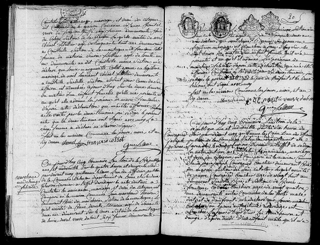 Acte de naissance de CHENEL Marie Françoise (26 octobre 1794),acte de naissance de MARCHAND Madeleine Félicité (26 octobre 1794),acte de naissance de COURAPIED Joseph Pierre (25 octobre 1794).