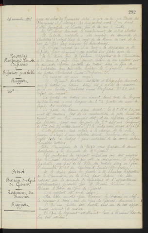 Plantations, élagage et abattage d'arbres, Place du Marché aux Bestiaux, Boulevard Colbert, M. JOUNY habitant le n°8 du Boulevard Colbert, Promenades, rapports. Trottoirs, Boulevard Lenoir Dufresne, n°20 M. GOUPIL directeur des postes, réfection partielle, rapport. Octroi, Bureau du Gué de Guesnes, logement du receveur, receveur du Bureau d'Octroi M. MARTIN, location actuelle M. BOURDON, rapport