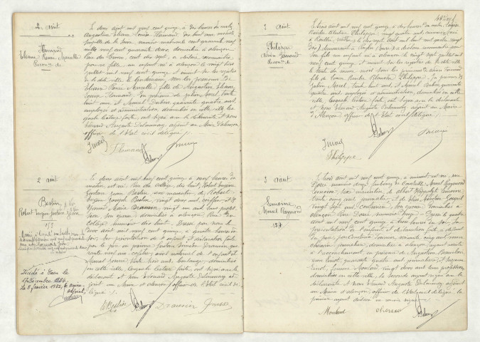 Reconnaissance de FLAMAND Eliane Renée Marcelle (2 août 1915), acte de naissance de BESLIN Robert Eugène Gustave Jean (2 août 1915), reconnaissance de PHILIPPE Adrien Fernand (3 août 1915), acte de naissance de LEMOINE Marcel Raymond (3 août 1915)