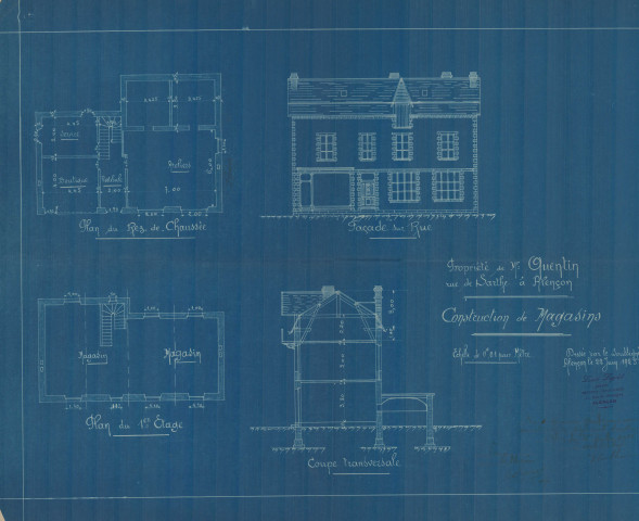 permis de construire n°2, construction de magasins Rue de Sarthe Alençon, (date de décision : 23/07/1925), (auteur du projet, architecte : HULLERON architecte (intervention de M. Legoût, expert métreur)).