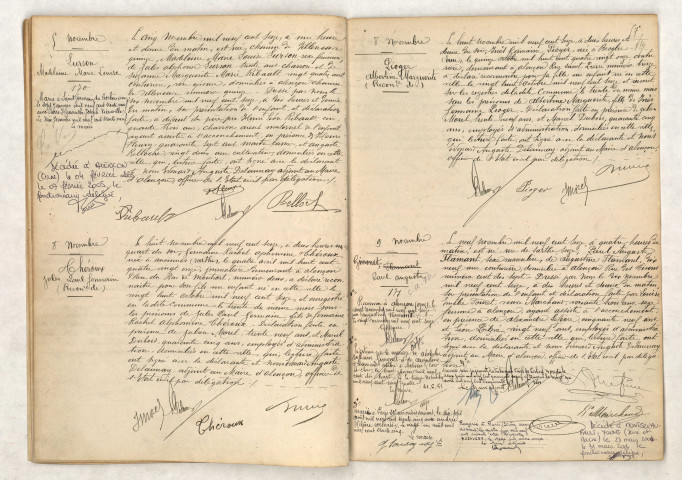 Acte de naissance de LURSON Madeleine Marie Louise (05 novembre 1916), Acte de Reconnaissance de THEROUX Jules Paul Germain (08 novembre 1916), Acte de Reconnaissance de PIOGER Albertine Marguerite (08 novembre 1916), Acte de naissance de FLAMANT GIMONET Paul Auguste (09 novembre 1916).