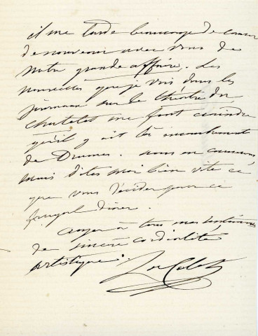 Lettre autographe signée de la femme de lettres Louise Colet au comédien Louis Fortuné Adolphe Laferrière 29 février 1872).