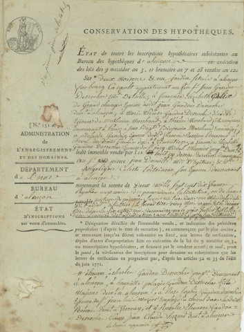État d'inscription hypothécaire sur la vente de deux maisons et un jardin situés aux faubourg Cazault (22 février 1809).