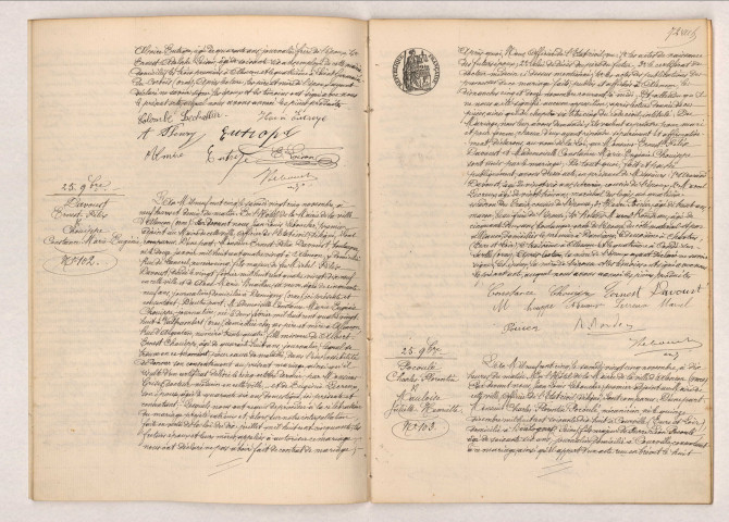 Acte de mariage de EUTROPE Henri Albert Louis et LECHALLIER Colombe Eugénie Julia (24 novembre 1905), acte de mariage de DAVOUST Ernest Félix et CHOUIPPE Constance Marie Eugénie (25 novembre 1905), acte de mariage de POCOULÉ Charles Florentin et MAULOISE Juliette Henriette (25 novembre 1905).