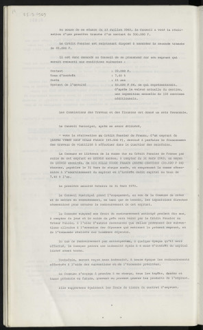 Finances, emprunt de 89 000 F auprès du crédit foncier de France, travaux de viabilité du quartier des Sainfoins, 2ème tranche.