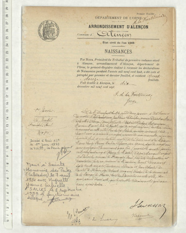 Acte de naissance de BURCKEL Henri Ferdinand enfant naturel (22 août 1908),acte de naissance de GEFFROY Robert Eugène enfant naturel (23 août 1908),acte de naissance de BETHENCOURT Jean Louis Marie (22 août 1908),acte de naissance de GESLAIN Marie Louise Elisabeth (24 août 1908).