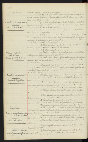 Supplément de pain aux malades avec certificat, demande Vidanges des fosses d'aisances avec des tinettes, demande de Mr LEBOUC. Distribution de pétrole, essence, etc., manque d'information, demande de Mr LEBOUC. Distribution des fruits à cidre, demande de Mr LEBOUC. Caniveaux, demande de réparation du caniveaux face à l'immeuble n°12 Rue du Bercail, demande de Mr LEBOUC. Tabac, établissement de carte contre l'abus lors de la distribution des provision, demande de Mr DEMERET