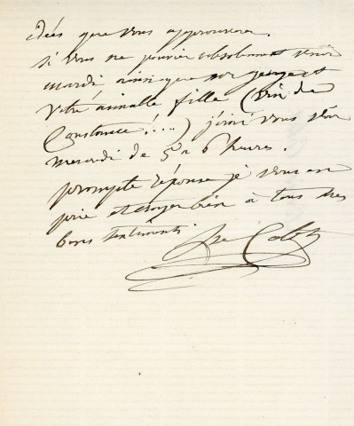 Lettre autographe signée de la femme de lettres Louise Colet au comédien Louis Fortuné Adolphe Laferrière [1873].