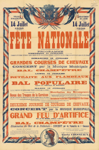 Fête nationale 14 juillet 1936 : affiche Imprimerie alençonnaise (80 x 120).
