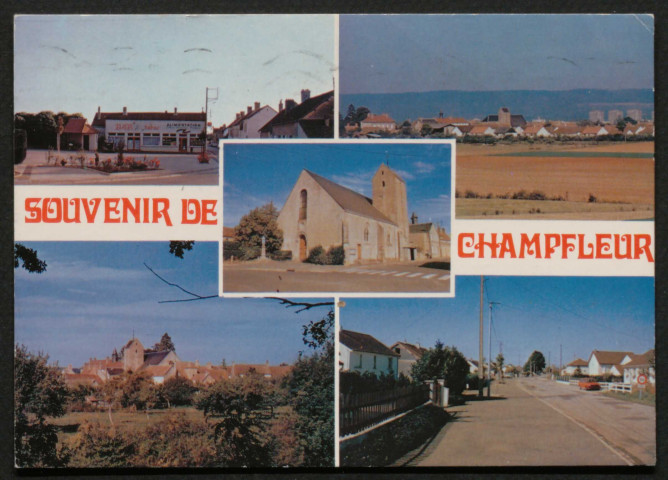 Champleur (Sarthe), carte postale moderne couleur, multivues, L'église, la place, vue côté ouest, Rue des Vignes, Vue générale, éditions Jipé-Maison Georget, le Mans, (Date d'utilisation : 14 août 1990), (15x10,5), AMA.