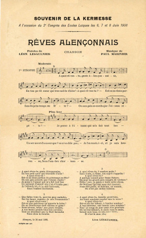 Kermesse, deuxième congrès des écoles laïques (6-8 juin 1908) : partition Rêves Alençonnais, paroles Léon Lesaulnier, musique Paul Marinier (24 mai 1908), Alençon imprimeur Guy, acquisition 2020, AMA.