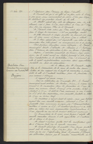 Distribution d'eau, réparation du réservoir d'équilibre au Boulevard de Strasbourg, rapport. Distribution d'eau, fourniture d'eau aux casernes, convention avec l'autorité Ministérielle, rapport