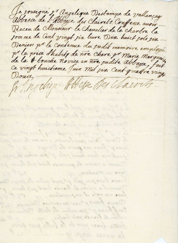 Abbaye Notre-Dame des Clairets : mémoire manuscrit intitulé "Mémoire de ce que l'on a fourni à Melle de Courpotin pour sa novisserie" signé par Sœur Angélique, abbesse des clairets (28 juin 1692) (1p1/2 in-folio).
