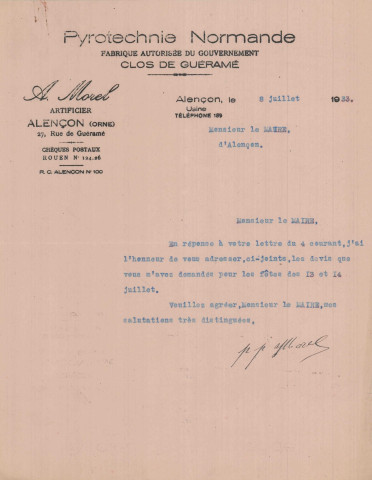 Fête nationale 14 juillet 1933 : affiche Imprimerie alençonnaise (80 x 120).
