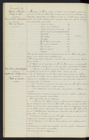 Hospice d'Alençon, budget de 1915, vote de crédit supplémentaires, avis du conseil. Hospice d'Alençon et Bureau de Bienfaisance, comptabilité de 1884 de M. LEFEVRE receveur, avis du conseil