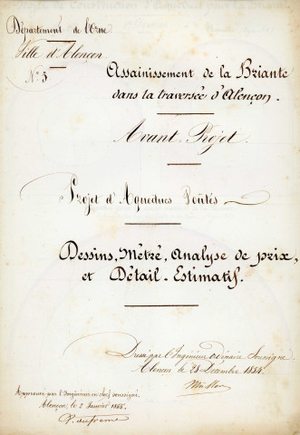 Assainissement de la Briante dans la traversée d'Alençon, avant-projet : plan (Muller, éch : 1/100, 28 décembre 1854)
