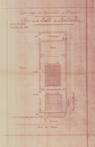 Patronage Paroisse de Montsort, plan de la salle de spectacles (éch : 0.01, 29 décembre 1941).