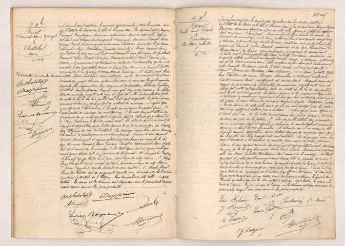 Acte de mariage de PINOT François Marie Georges et CHATELAS Marie (07 décembre 1910), Acte de mariage de MORAND Emile Louis Charles et FONTAINE Léa Marie Juliette (10 décembre 1910).