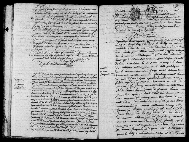 Acte de naissance de MASSON Michel Arsène (21 octobre 1793),acte de naissance de DAGRON Jeanne Célestine (25 octobre 1793),acte de naissance de MICHEL Marie Jacqueline (28 octobre 1793).