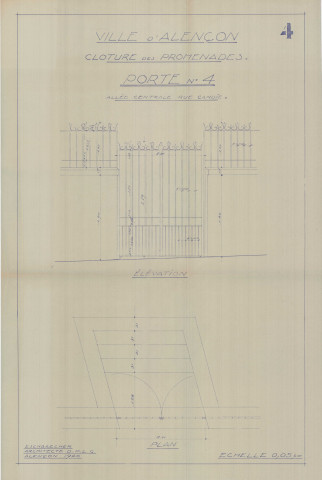 Les Promenades, porte 4 Allée centrale, rue Candie, clôture, élévation, plan, coupe, (arch : A. Eschbaercher, ech : 0.05, n°4, date : 1940).
