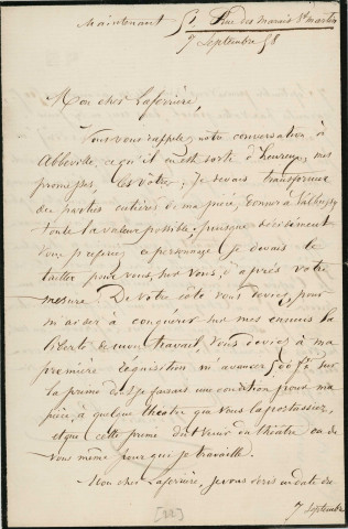 Lettre autographe signée de l'écrivain Edouard Plouvier à l'acteur Adolphe Laferrière (1858).