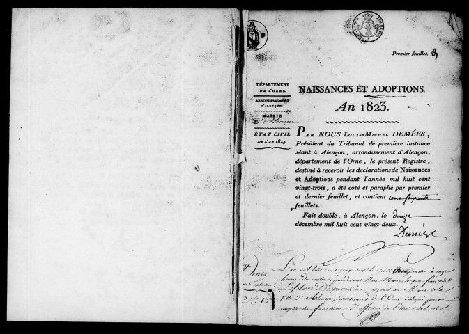 Registre des actes de naissance et adoption (1823).