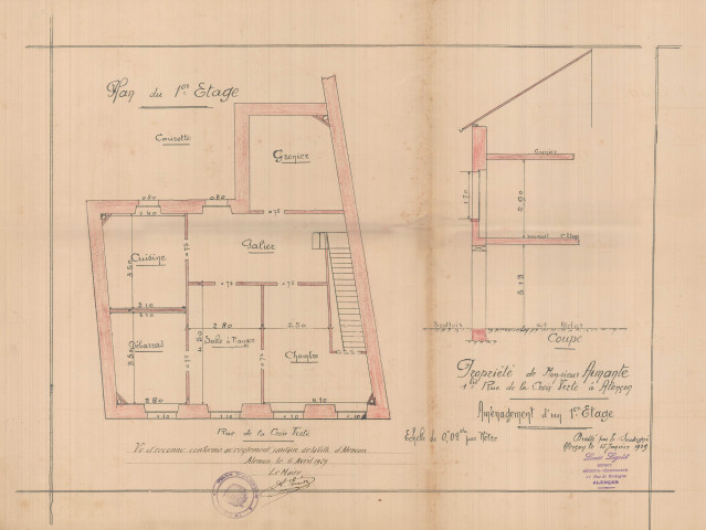 permis de construire n°13, Aménagement d'un 1er étage Rue de La Croix Verte Alençon, (date de décision : 06/04/1929), (auteur du projet, architecte : LEGOUT Louis (expert métreur)).