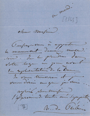 Lettre autographe signée de l'écrivaine Regnauld de Prébois Adèle à l'acteur Adolphe Laferrière [1863].