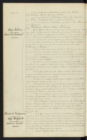 Legs divers, désignation de délégués. Legs Mr LEBRUN propriétaire n°6 Rue de Lallemand, Mr LABOT notaire, cimetière St Léonard, avis du conseil. Bureau de Bienfaisance legs Mr Mme LEGRAND, avis du conseil
