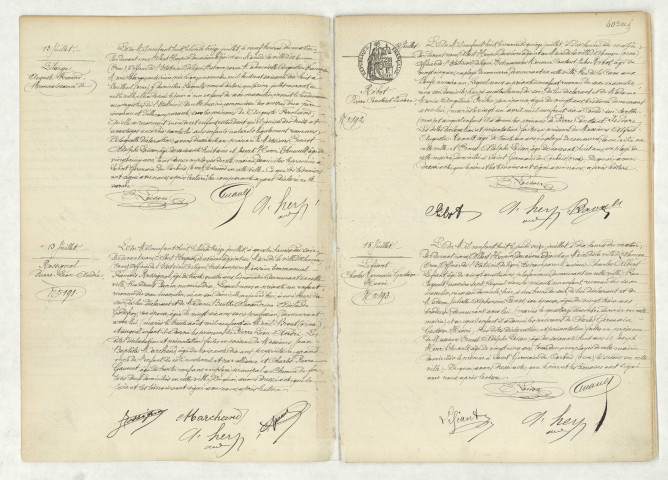 Reconnaissance de LELARGE Auguste Fernand (13 juillet 1908),acte de naissance de ROSSIGNOL Pierre Léon André (13 juillet 1908),acte de naissance de RIBOT Pierre Constant Isidore (14 juillet 1908),acte de naissance de LEFIANT Charles Germain Gustave Henri (15 juillet 1908).