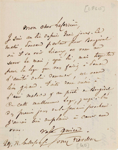 Lettre autographe signée de l'écrivain Tony Révillon à l'acteur Adolphe Laferrière [1860].