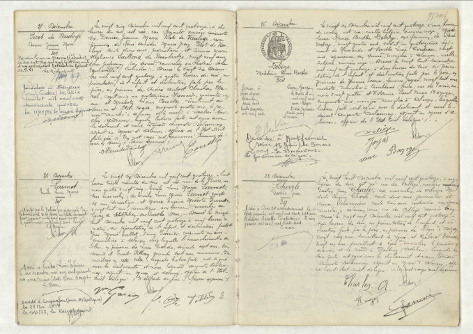 Acte de naissance de PICOT DE VAULOGE Denise Jeanne Marie (25 décembre 1914),acte de naissance de LARMET Emile Louis Marie (26 décembre 1914),acte de naissance de DEBIZE Madeleine Renée Berthe (26 décembre 1914),acte de naissance de CHARLE Gaston Jean (28 décembre 1914).