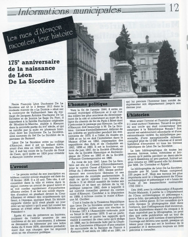 "125e anniversaire de la naissance de Léon de la Sicotière" : article du magazine d'information municipal "Notre Cité" n°96, (février 1987).