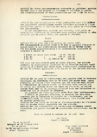Adduction complémentaire d'eau potable pour la ville d'Alençon, modification du règlement et du tarif des concessions particulières (11 août 1924-21 février 1925) : règlement type, délibération, cahier des charges de la ville de Carhaix, formulaire demande abonné .