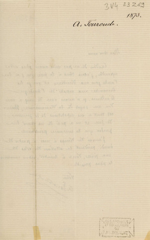 Lettre autographe signée de l'écrivain Alfred Edouard Touroude à l'acteur Adolphe Laferrière [1873].