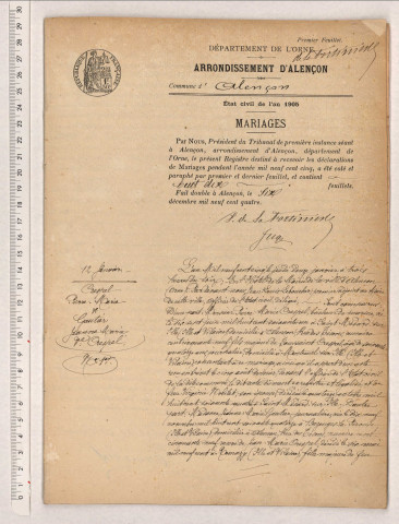 Acte de mariage de RICHER Louis Joseph Clovis et DELAUNAY Jeanne Marie (27 février 1905), acte de mariage de SAILLANT Henri Edmond et LOCHON Charlotte Angeline Alphonsine (27 février 1905), acte de mariage de LAIR Émilien Joseph Maurice et VENTE Eugénie Victorine Pauline (1er mars 1905)