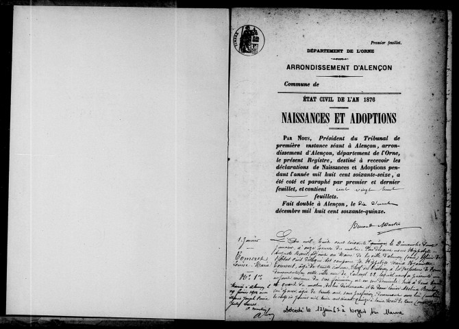 Registre des actes de naissance et adoption.