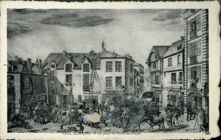 Vieil Alençon, La Place du Puits des Forges, carte postale ancienne noir et blanc, photographe éditeur Peslier-Grelebin, (date cliché 1907-1908), (14x9), collection particulière Maryvonne Thoréton, AMA.