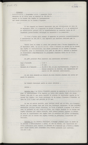 Finances, S.E.M.I.A.V.A. programme Z.U.P., location-vente garantie de la ville pour un emprunt de 386 000 F auprès de la caisse des dépôts et consignations sur fond provenant de la caisse d'épargne.