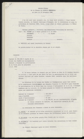 Sommaire sur les affaires à délibérer. Emprunt de 400 000 F auprès de la caisse des dépôts et consignations destiné à financer la participation de la ville pour le programme Z.I.N. 1966.