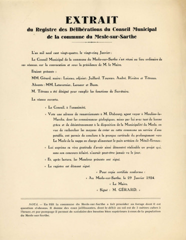Adduction complémentaire d'eau potable pour la ville d'Alençon, enquête auprès d'autres collectivités sur l'utilisation des puits artésiens (29 janvier 1924) : correspondance.