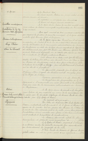Sommaire sur les affaires à délibérer . Conseillers municipaux, installation de Mr Mme FOURNIER, VADE, HURIPAU . Bureau de bienfaisance, legs Mme veuve CHEDOR née DUGUE Florence Modeste domicile n°8 rue du Parc, notaire HOUJEL . Octroi, bureau de la route de Sées, demande d'échange de terrain, rapport