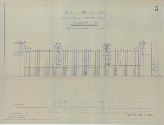 Les Promenades, porte 3, rue Candie face à la Clinique, clôture, élévation, plan (arch : A. Eschbaercher, ech : 0.02, n°3, date : 1940).
