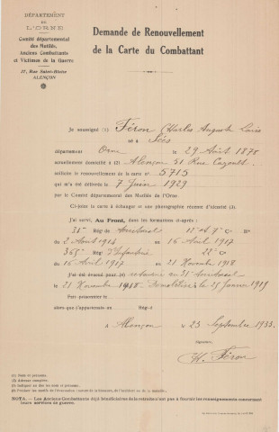 Demande de renouvellement de la carte du combattant.