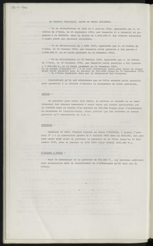 Finances, garantie d'emprunt à la S.E.M.I.A.V.A. pour crédits à court terme destinés au programme de location-vente de la Z.U.P., avenant n°3 à la convention du 8 juillet 1963.