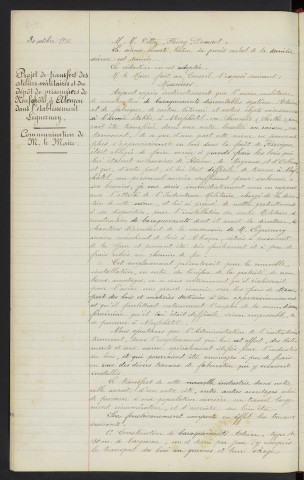 Sommaire sur les affaires à délibérer. Projet de transfert des ateliers militaires et du dépôt de prisonniers de Neufchâtel à Alençon dans l'établissement Leguernay, Communication de M. Le Maire
