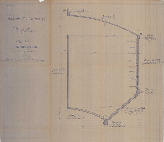 Construction d'un château d'eau de 700m3, détail de cuve : coupes (Larbanet, éch : 1/200, plan n°13, 28 mai 1936).