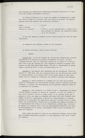 Finances, emprunt de 520 000 F "Ville de France", pour acquisition immobilières diverses nécessaires à la poursuite de travaux d'alignement de voirie.