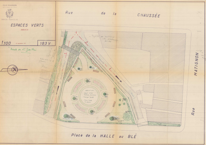 Square de la Halle au Blé, espaces verts, (services techniques, éch : 1/100, 74x52, 183V, 20 septembre 1971).