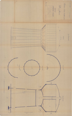 Construction d'un château d'eau de 700m3, ensemble : vue en plan, coupe longitudinale, coupes, plans(Larbanet, éch : 1/200, plan n°10, 25 mai1936).